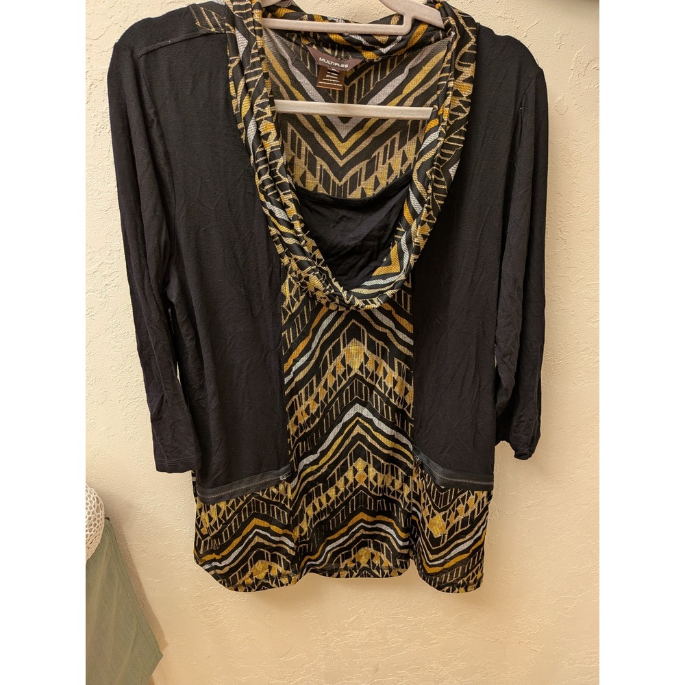 Multiples XL Black Geometric Print Cowl Neck 3/4 Sleeve Top Tunic XL